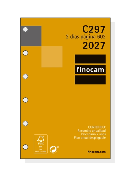Finocam C297 Recambio para Agenda Classic - Anual 2027 - 2 Dias por Pagina - Formato 602 - 73x114mm - 6 Taladros - Papel de 70g/m2 - Esquinas Microperforadas - Color Blanco Finocam C297 Recambio para Agenda Classic - Anual 2027 - 2 Dias por Pagina - Formato 602 - 73x114mm - 6 Taladros - Papel de 70g/m2 - Esquinas Microperforadas - Color Blanco
