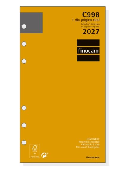 Finocam C998 Recambio para Agenda Classic - Anual 2027 - 1 Dia por Pagina - Formato 609 - 94x171mm - 6 Taladros - Papel de 70g/m2 - Esquinas Microperforadas - Color Blanco