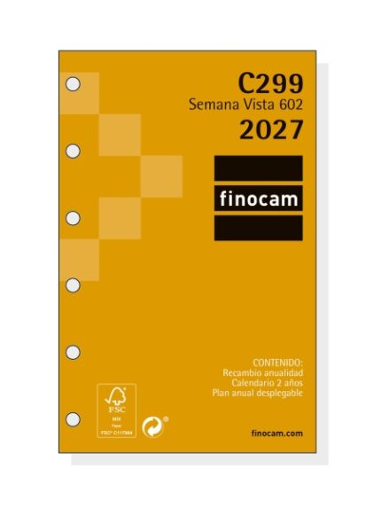 Finocam C299 Recambio para Agenda Classic - Anual 2027 - Semana Vista Horizontal - Formato 602 - 73x114mm - 6 Taladros - Papel de 80g/m2 - Esquinas Microperforadas - Color Blanco