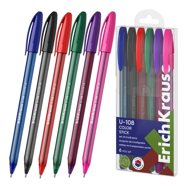 ErichKrause U-108 Stick Color Pack da 6 penne a sfera con cappuccio - Punta da 1