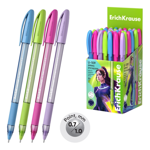 ErichKrause U-109 Stick and Grip Spring Penna a sfera con cappuccio - Modelli assortiti - Spessore tratto 0