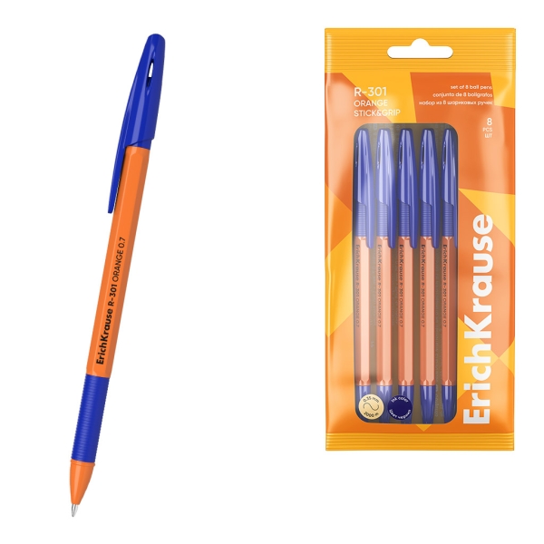 ErichKrause R-301 Stick and Grip Orange Confezione da 8 penne a sfera con cappuccio - Punta da 0