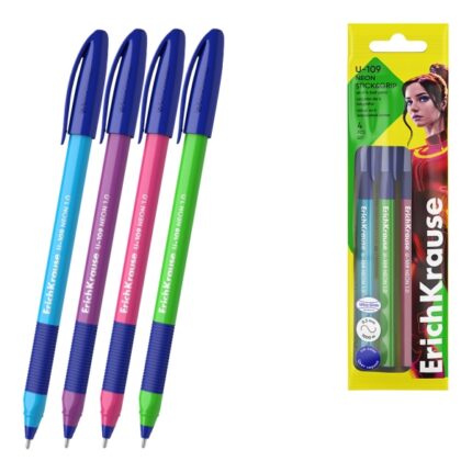 ErichKrause U-109 Stick and Grip Neon Confezione da 4 penne a sfera con cappuccio - Modelli assortiti - Spessore tratto 0