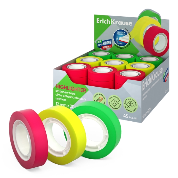 ErichKrause Highlighter - Espositore con 45 nastri adesivi - Alta adesività - Larghezza 12 mm - 20 metri - Superficie opaca antiriflesso - Colori assortiti ErichKrause Highlighter - Espositore con 45 nastri adesivi - Alta adesività - Larghezza 12 mm - 20 metri - Superficie opaca antiriflesso - Colori assortiti