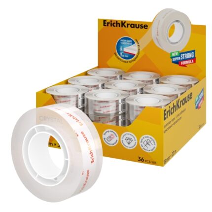 ErichKrause Crystal Espositore con 36 nastri adesivi - Alta adesività - Larghezza 18 mm - 33 metri - Resistente allo strappo longitudinale - Colore trasparente