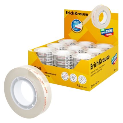 ErichKrause Crystal Espositore con 45 nastri adesivi - Alta adesività - Larghezza 12 mm - 33 metri - Resistente allo strappo longitudinale - Colore trasparente