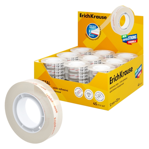 ErichKrause Crystal Espositore con 45 nastri adesivi - Alta adesività - Larghezza 12 mm - 33 metri - Resistente allo strappo longitudinale - Colore trasparente