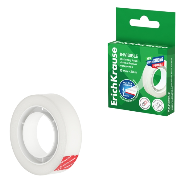 Nastro adesivo invisibile ErichKrause - Alta adesività - Larghezza 12 mm - 20 metri - Superficie opaca antiriflesso - Colore trasparente