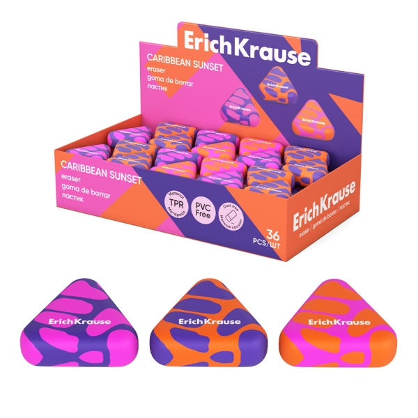 ErichKrause Caribbean Sunset Espositore con 36 gomme da cancellare - Gomma termoplastica - Ipoallergenica - Senza polvere e senza PVC - Colori assortiti