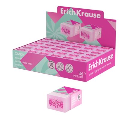 ErichKrause Candy Espositore con 36 gomme da cancellare - PVC ecologico - Non lascia residui - Non strappa la carta - Colori assortiti