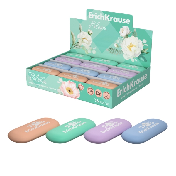 ErichKrause Pastel Bloom Espositore con 36 gomme da cancellare - Gomma termoplastica - Non lascia residui - Non strappa la carta - Senza PVC - Colori assortiti