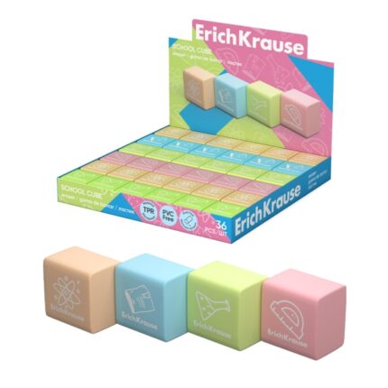 ErichKrause School Cube Espositore con 36 gomme da cancellare - Gomma termoplastica - Non lascia residui - Non strappa la carta - Senza PVC - Colori assortiti