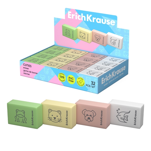 ErichKrause Cuties Espositore con 32 gomme da cancellare - Gomma termoplastica - Non lascia residui - Senza PVC - Colori assortiti