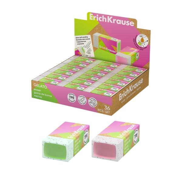 ErichKrause Espositore per gelato con 36 gomme da cancellare - Gomma termoplastica - Non lascia residui - Non strappa la carta - Senza PVC - Colori assortiti