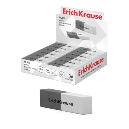 ErichKrause Espositore multiplo con 36 gomme da cancellare - Gomma termoplastica - Doppia durezza - Abrasiva per l'inchiostro - Non lascia residui - Non strappa la carta - Senza PVC - Colore nero/grigio