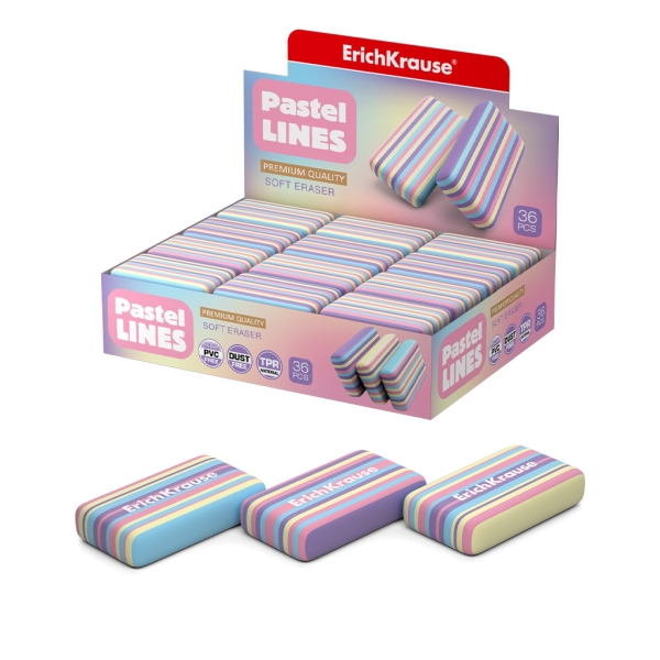 ErichKrause Pastel Lines Espositore con 36 gomme da cancellare - Gomma termoplastica - Non lascia residui - Non strappa la carta - Senza PVC - Colori assortiti