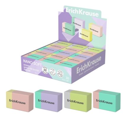 ErichKrause Nano Soft Espositore con 30 gomme da cancellare - PVC ecologico - Ipoallergenico - Non lascia residui - Cancellazione delicata - Colori assortiti