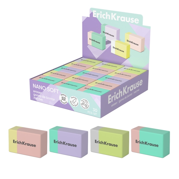 ErichKrause Nano Soft Espositore con 30 gomme da cancellare - PVC ecologico - Ipoallergenico - Non lascia residui - Cancellazione delicata - Colori assortiti