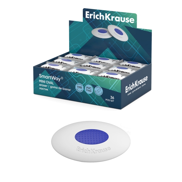 ErichKrause SmartWay Mini Oval Espositore con 36 gomme da cancellare - Gomma termoplastica - Ipoallergenica - Senza PVC - Colore bianco