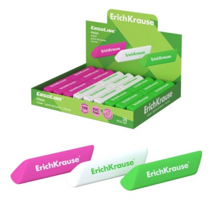 ErichKrause ErgoLine Prism Espositore con 36 gomme da cancellare - Gomma termoplastica - Ipoallergenica - Non lascia residui - Senza PVC - Colori assortiti