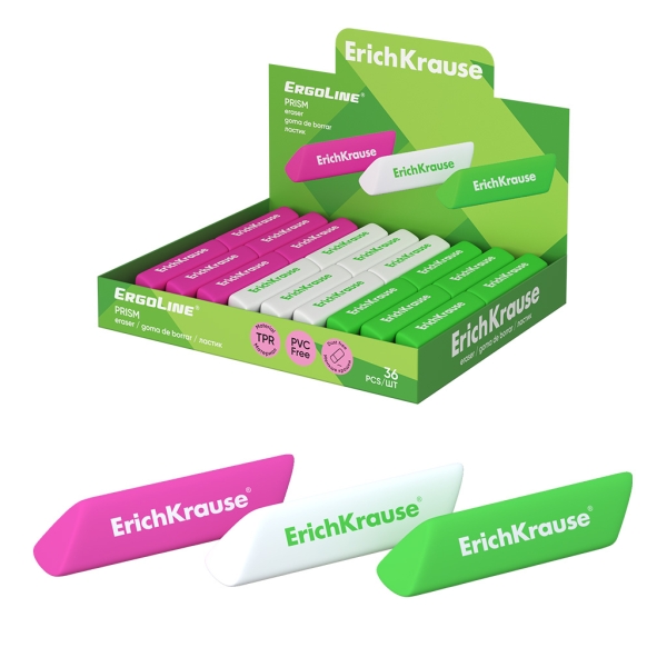 ErichKrause ErgoLine Prism Espositore con 36 gomme da cancellare - Gomma termoplastica - Ipoallergenica - Non lascia residui - Senza PVC - Colori assortiti
