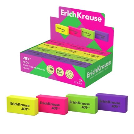 ErichKrause JOY Neon Espositore con 36 gomme da cancellare - Gomma termoplastica - Ipoallergenica - Senza PVC - Colori assortiti