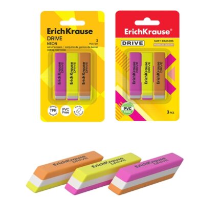 ErichKrause Drive Neon - Confezione da 3 gomme da cancellare - Gomma termoplastica - Ipoallergenica - Non lascia residui - Senza PVC - Colori assortiti