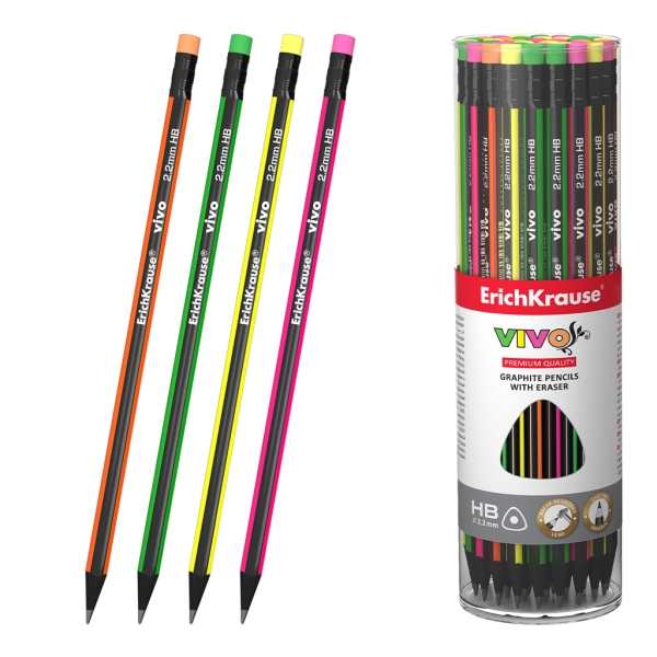 ErichKrause VIVO Matita al grafite con gomma - Mina HB - Corpo triangolare - Facile da temperare - Impugnatura ergonomica - Colori assortiti