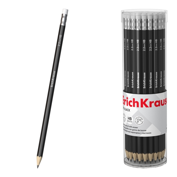 ErichKrause Jet Black 101 Matita di grafite con gomma - Miniera HB - Corpo esagonale - Colore nero