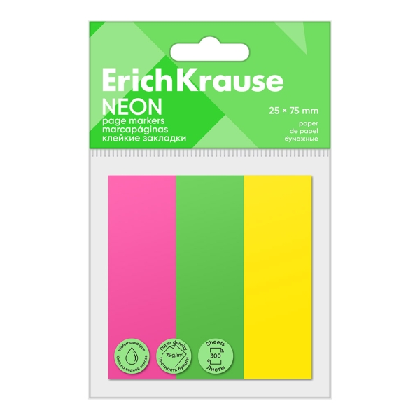 ErichKrause Neon - Confezione da 3 blocchi da 100 segnalibri - Riposizionabili - Carta da 75 g/m² - 25 x 75 mm - Colori assortiti
