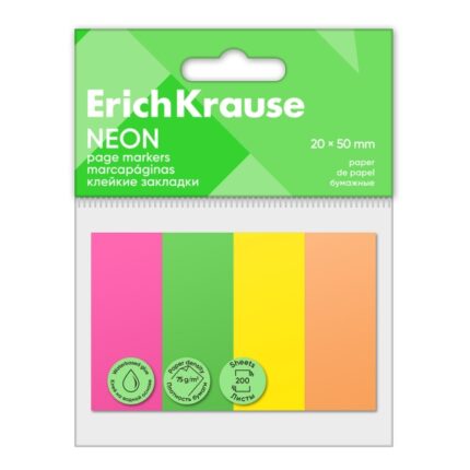 ErichKrause Neon - Confezione da 4 blocchi da 50 segnalibri - Riposizionabili - Carta da 75 g/m² - 20 x 50 mm - Colla a base d'acqua - Colori assortiti