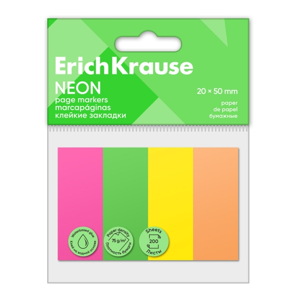 ErichKrause Neon - Confezione da 4 blocchi da 50 segnalibri - Riposizionabili - Carta da 75 g/m² - 20 x 50 mm - Colla a base d'acqua - Colori assortiti ErichKrause Neon - Confezione da 4 blocchi da 50 segnalibri - Riposizionabili - Carta da 75 g/m² - 20 x 50 mm - Colla a base d'acqua - Colori assortiti
