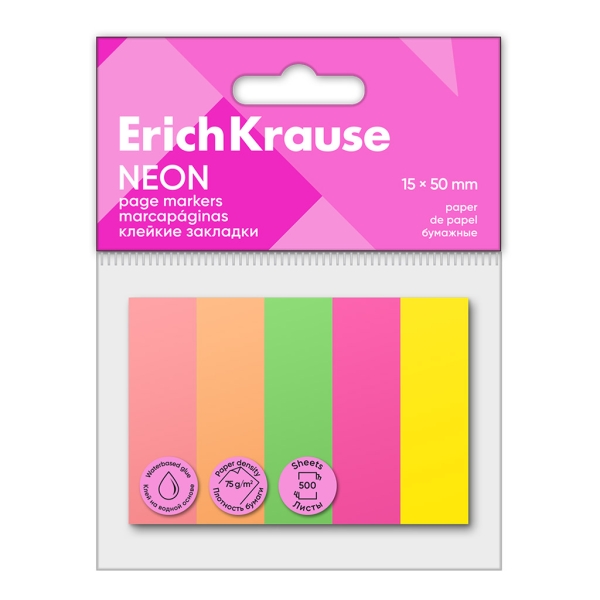 ErichKrause Neon - Confezione da 5 blocchi da 100 segnalibri - Riposizionabili - Carta da 75 g/m² - 15 x 50 mm - Colori assortiti