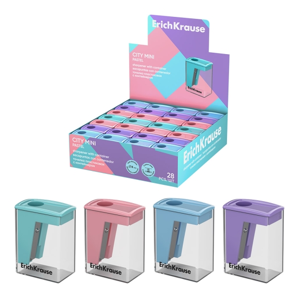 ErichKrause City Mini Espositore con 28 temperamatite con contenitore - Plastica - Lama in acciaio al carbonio nichelata - Foro da 8 mm - Colori assortiti