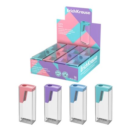 ErichKrause Espositore da città con 16 temperamatite e contenitore - Plastica - Lama in acciaio al carbonio nichelata - Foro da 8 mm - Colori assortiti