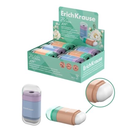 ErichKrause JOY Pastel Bloom Espositore con 12 temperamatite e contenitore - Gomma da cancellare - Plastica - Lama in acciaio al carbonio nichelata - Foro da 8 mm - Colori assortiti