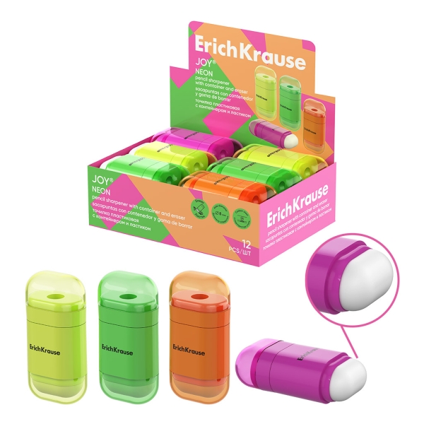 ErichKrause JOY Neon Espositore con 12 temperamatite con contenitore - Gomma da cancellare - Plastica - Lama in acciaio al carbonio nichelata - Foro da 8 mm - Colori assortiti