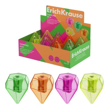 ErichKrause Diamond Neon Espositore con 12 temperamatite con contenitore - Plastica - Lama in acciaio al carbonio nichelata - Foro da 8 mm - Colori assortiti