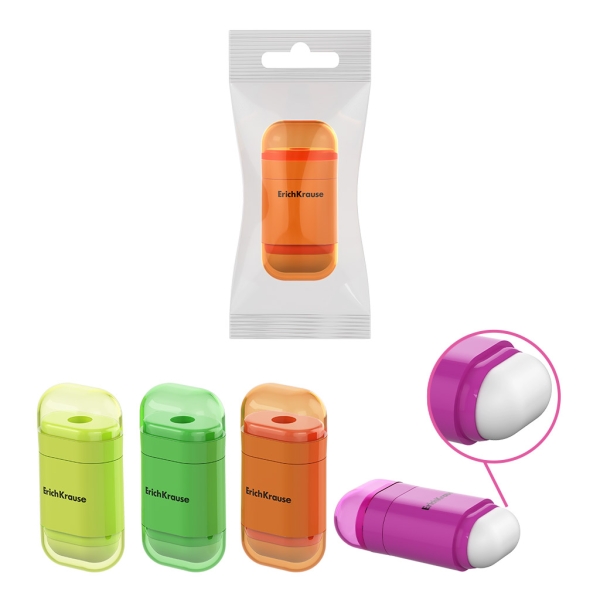 ErichKrause JOY Neon Temperamatite con contenitore - Gomma da cancellare - Plastica - Lama in acciaio al carbonio nichelata - Foro da 8 mm - Colori assortiti