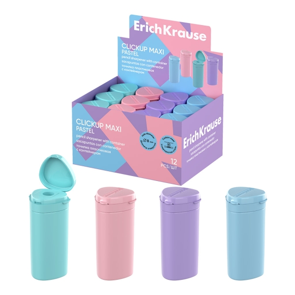 ErichKrause ClickUp Maxi Pastel Espositore con 12 temperamatite con contenitore - Plastica - Lama in acciaio al carbonio nichelata - Foro da 8 mm - Colori assortiti