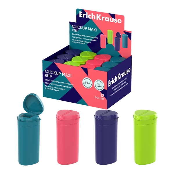 ErichKrause ClickUp Maxi Reef Espositore con 12 temperamatite con contenitore - Plastica - Lama in acciaio al carbonio nichelata - Foro da 8 mm - Colori assortiti