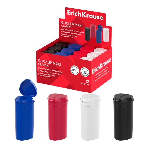 ErichKrause ClickUp Maxi Classic Espositore con 12 temperamatite con contenitore - Plastica - Lama in acciaio al carbonio nichelata - Foro da 8 mm - Colori assortiti