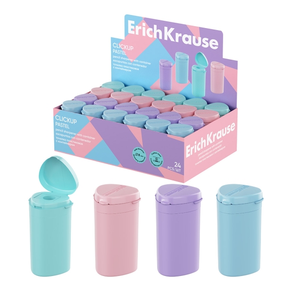 ErichKrause ClickUp Espositore a pastello con 24 temperamatite e contenitore - Plastica - Lama in acciaio al carbonio nichelata - Foro da 8 mm - Colori assortiti