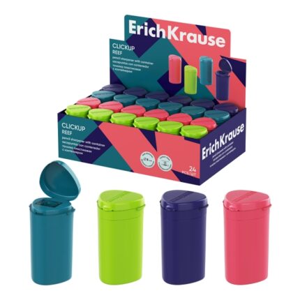 ErichKrause ClickUp Reef Espositore con 24 temperamatite con contenitore - Plastica - Lama in acciaio al carbonio nichelata - Foro da 8 mm - Colori assortiti