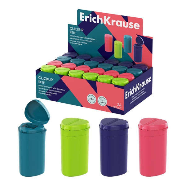 ErichKrause ClickUp Reef Espositore con 24 temperamatite con contenitore - Plastica - Lama in acciaio al carbonio nichelata - Foro da 8 mm - Colori assortiti
