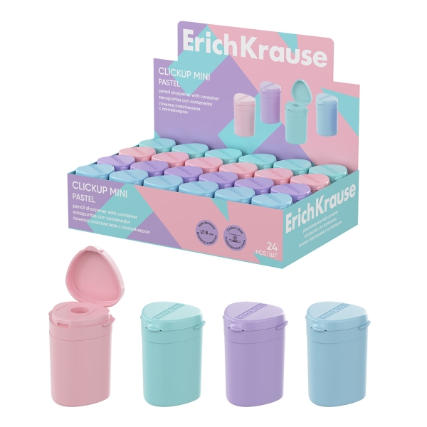 ErichKrause ClickUp Mini Espositore a forma di pastello con 24 temperamatite e contenitore - Plastica - Lama in acciaio al carbonio nichelata - Foro da 8 mm - Colori assortiti