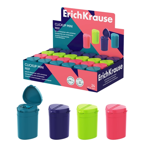 ErichKrause ClickUp Mini Reef Espositore con 24 temperamatite con contenitore - Plastica - Lama in acciaio al carbonio nichelata - Foro da 8 mm - Colori assortiti