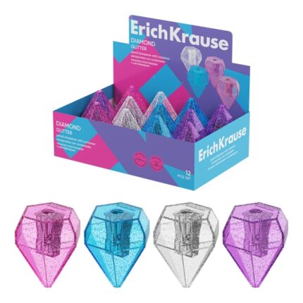 ErichKrause Diamond Espositore con 12 temperamatite con contenitore - Plastica - Lama in acciaio al carbonio nichelata - Foro da 8 mm - Colori assortiti