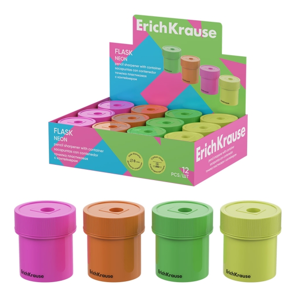 ErichKrause Flask Neon Espositore con 12 temperamatite con contenitore - Plastica - Lama in acciaio al carbonio nichelata - Foro da 8 mm - Colori assortiti