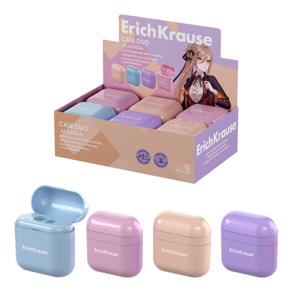ErichKrause Case Duo Manga Espositore con 12 temperamatite e contenitore - Plastica - 2 fori da 8 e 11 mm - Lama in acciaio al carbonio nichelata - Colori assortiti